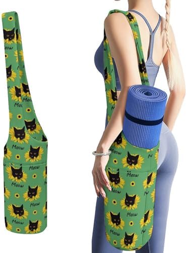 Niapessel Yoga Mat Bag, Yoga Mat Bags for Women, Funny Cat And Sunflower Print Yoga Mat Holder Bag Carrier Large with Pockets Yoga Accessories Yoga Gifts for Women And Yoga Lover