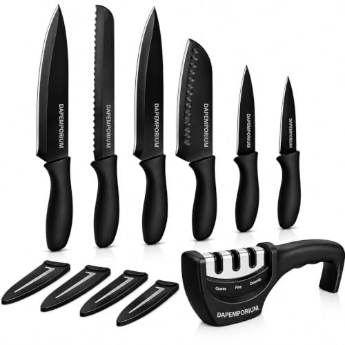 Image of 6 Pcs Kitchen Knife Set with Covers & Sharpener | Stainless Steel Black Coated Best Knives | Premium Chef Knife Set for Kitchen Use for Home & Restaurant | Professional Cooking Knife Set