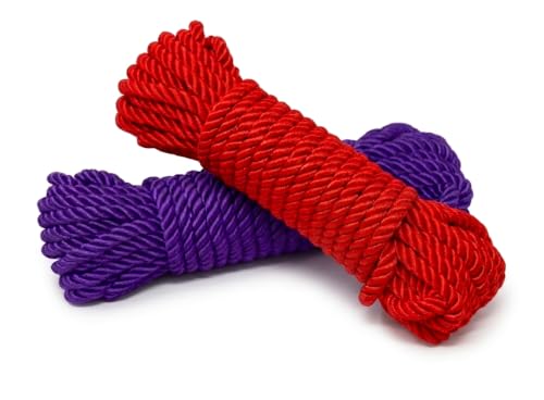 2 Pack 32ft 8mm Soft Silk Braided Rope Twisted Cord - Red and Purple
