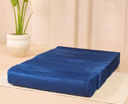 Image of uberlyfe Xtra High, Xtra Soft 2 Seater (4' x 6') Sofa Cum Bed | 1 Year Warranty | 17 inch Sofa Height | Twin Size Foldable Bed | Plush Laser Quilted Fabric | Deep Blue Color