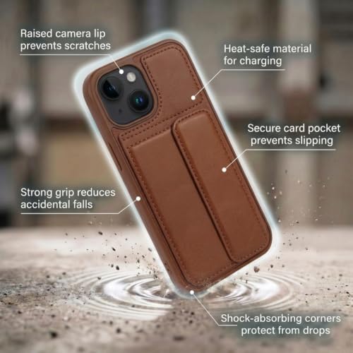 Image of amazon basics Luxury Vegan Leather Back Cover for iPhone 12 | Built-in Card Holder Slot | Integrated Mobile Stand | Slim Shockproof Protective Case with Stitched Finish - Brown