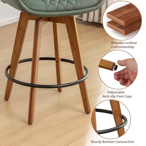 Image of Bar Height Bar Stools Set of 3, Mid Century Modern Retro Swivel Bar Chairs, Furniture with Curved Back, Faux Leather Upholstered and Walnut Wood Frame for Bar /Pub /Island (Green, 29.5 inch-3 PCS)