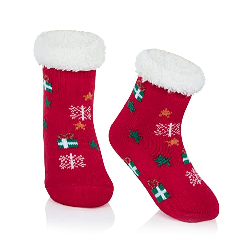 Durio Toddler Kids Slipper Socks with Grippers Warm Kids Fuzzy Socks Cute Kids Winter Socks Boys Girls Christmas Socks 1 Gift Red 1-3T