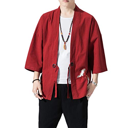 Image of PRIJOUHE Men's Kimono Jackets Cardigan Lightweight Casual Cotton Blends Linen Seven Sleeves Open Front Coat Outwear