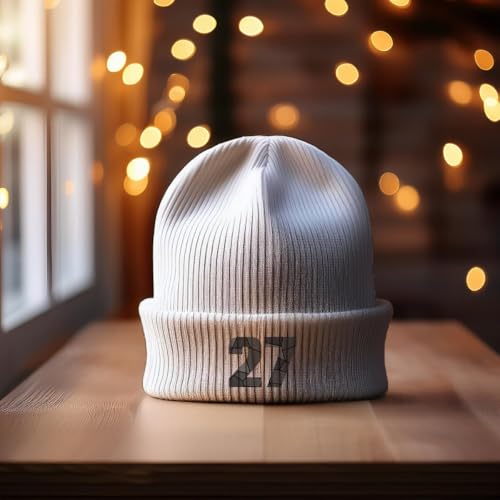 Bonnet 27 Number Cuffed Beanie blanc en maille premium douce - 2