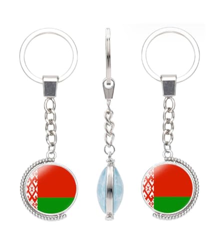 vmcoatdu Porte-clés double face avec drapeau national de nombreux pays - Cadeau pour homme et femme - En acier inoxydable et verre, Biélorussie Biélorussie, taille unique