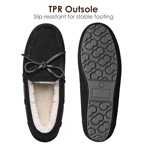 DREAM PAIRS Women's House Slippers Indoor Outdoor Moccasin Fuzzy Fluffy Furry Loafers Suede Leather Warm Shoes,Size 8,Black,AUZY-02