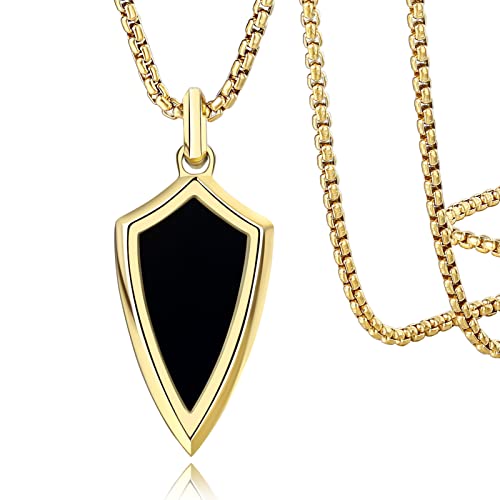Agate Pendant For Men - Stainless Steel Shield Necklace Black Onyx Pendant， 2Mm Box Chain & 3Mm Figaro Chain, Steel And Gold Color, Natural Agate Jewelry Gifts For Him (Gold Color Box Chain) #TOP4