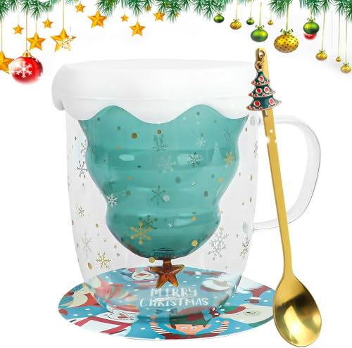 ROTKUSZ Taza de árbol de Navidad, Tazas de Navidad con Tapa, Taza de Café Doble pared Copa de Vidrio árbol de Navidad, Tazas de Vidrio Aislante con Mango Latté