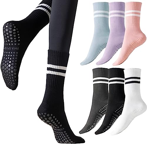 Kevaler 6 Paia Calze Antiscivolo Donna Yoga Calzini a Righe Cotone Calze con Grip Calzini Pilates Antiscivolo Sportivi per Yoga, Pilates, Danza, Sport, Fitness