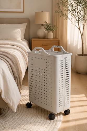 Image of Dillard's Plastic Laundry Hamper on Wheels, White, Foldable with Handles, Rolling, Modern, 30 Litres