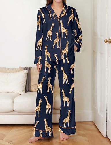 Image of SHESHOW Satin Pajamas Set for Women Set Long Sleeve Button Down Pjs Sets 2 Piece Loungewear Animal Sleepwear XS-XXL