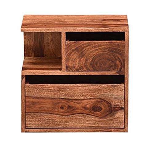 Image of DEMIWALL Solid Sheesham Wood Bedside Table | Wooden Bed Side Tables with Drawer | Nightstand Side Table for Bedroom | Night Stand End Table with 2 Drawers & Shelf Storage for Home | Teak Finish