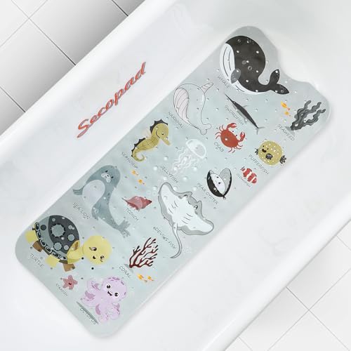 Image of Secopad Bath Mat for Tub Non Slip, Machine Washable Anti-Slip Cartoon Baby Bathtub Shower Mat with Drain Holes and Suction Cups for Toddler & Kids, 40 Inch x 16 Inch, Greige Sea Animals