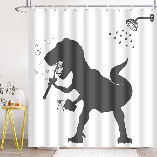 Image of Dinosaur Shower Curtain Funny Dino for Kids Boys Bath Curtain Trex Silhouette Animal Shadow Cartoon Black White Bathroom Waterproof Polyester Fabric 72Lx72W Inch with Hooks