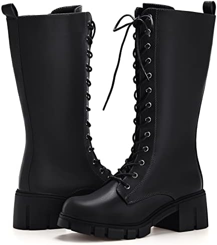 TINSTREE Combat Boots with Zipper for Women,Women's Over Knee High Platform Boots Buckle Leather Combat Lace Up Booties,Side Zip-up Mid-Calf Boots Black,10