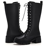 TINSTREE Lace Up Mid Calf Combat Boots for Women,Motorcycle Buckle Boots for Juniors Ladies Knee Hig