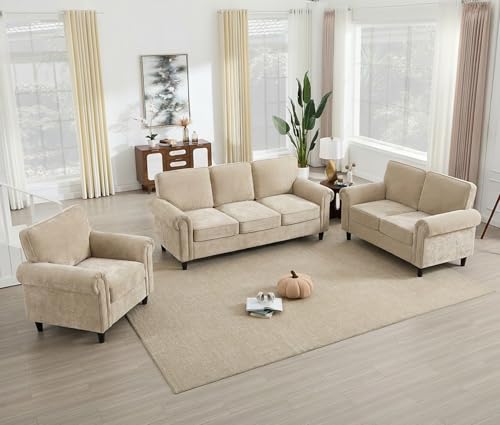 Image of Kingfun Loveseat 2&3 Seater Couch with Chair, Mid Century Modern Chenille Sofa Set with Rolled Arms and Deep Seats, Fluffy Comfort for Living Room, Apartment, Easy Assembly, Khaki