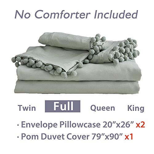Andency Pom Pom Fringe Duvet Cover Full Size (79X90 Inch), 3 Pieces (1 Solid Sage Green Duvet Cover, 2 Pillowcases) Soft Washed Microfiber Duvet Cover Set With Zipper Closure, Corner Ties #TOP6