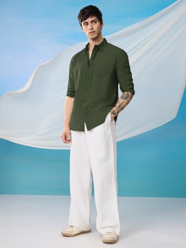 Image of The Souled Store Solid Linen: Beige Color Men and Boys Regular Outdoor Fit Full Sleeve Collared Neck Spread Collar Casual Wear Stylish Comfortable Premium Elegant Cotton Shirts