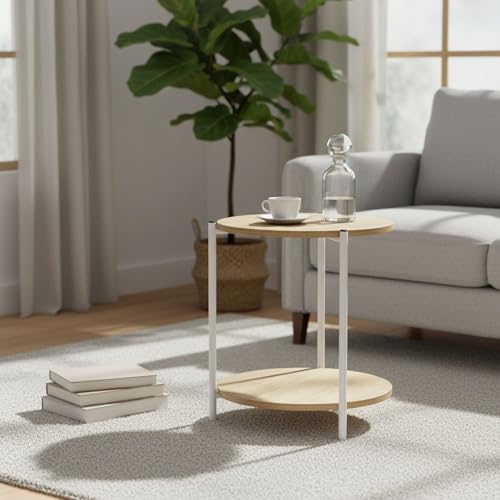 INDE MOBLEKIT | Mesa Auxiliar Metal y Madera Blanca 40x42 cm, Mesita Auxiliar Redonda de Doble Altura, Mesa para Salón o Dormitorio, Mueble Auxiliar Funcional para Hogar Moderno