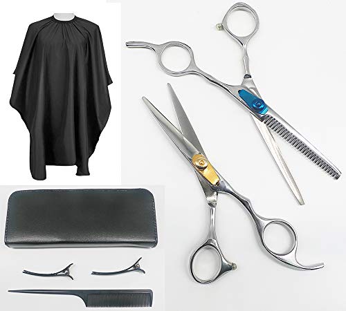 JOOYHOOM Professional Hair Cutting Scissors Set Hairdressing Scissors Kit, Hair Cutting Scissors, Thinning Shears Hair Razor Comb, Clips, Cape, Shears Kit for Home, Salon, (7PCS SET)