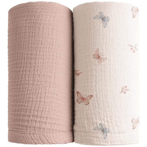 Image of Konssy Muslin Swaddle Blankets for Boys Girls, 2 Pack Receiving Baby Blanket Large 47 x 47 inches, Soft Breathable Swaddling Wrap for Unisex Newborn (Taupe,Butterfly Dreams)
