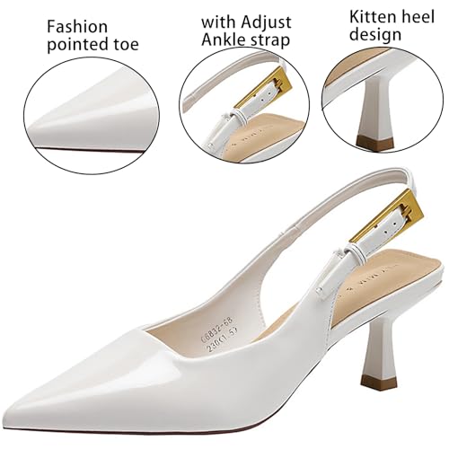 Women's Patent Pointed Toe Kitten Heel Slingback Pumps with Adjust Ankle strap Summer Fashion Closed Toe Elegant Low heel Dressy sandals for Wedding Bridal Party Evening3