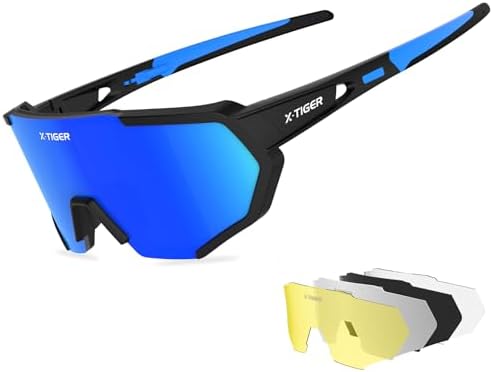 X-TIGER Fahrradbrille, Herren Damen Sportbrille, UV400 mit 5 Wechselgläser | Robuster TR90 Rahmen, mit montierbarem Brillenband & Ohrhaken Sonnenbrille Outdoor/Radfahren/Laufen/Aut