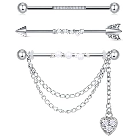 AceFun Industrial Piercing Barbell Stainless Steel 38mm 14 Gauge Industrial with Dangle Chain Cartilage Helix-Conch Scaffold Bars Ear Piercing Jewellery Silver Heart Arrow Cover