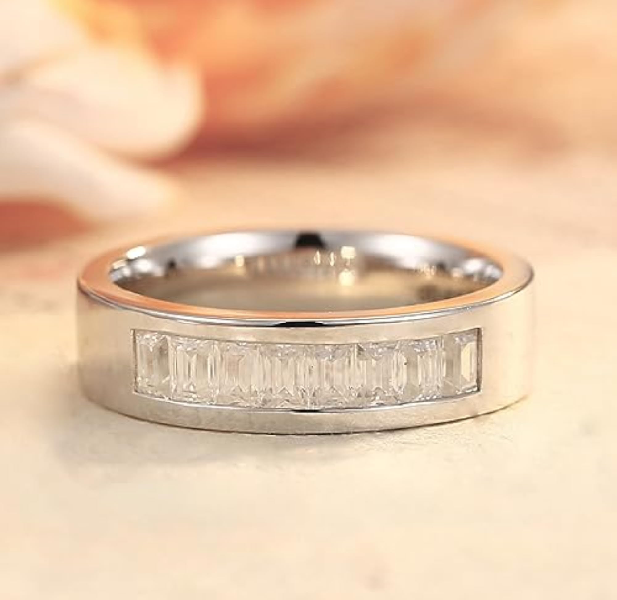 Solid Silver Wide Band VVS Moissanite Baguette Ring