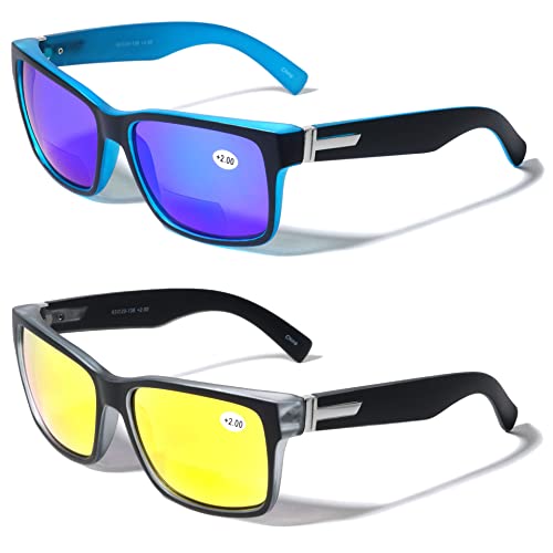 V.W.E. 2 Pairs Men Bifocal Large Wide Fitment 150mm Reading Sunglasses - Outdoor Readers Glasses Mirror(1 Ice 1 Fire, 1.75)