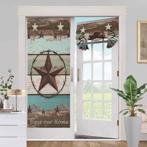 BEMIGO Western French Door Curtains for Windows, Vintage Texas Star Front Door Window Curtains for Glass,Wood Texture Privacy Tie Up Blinds Thermal Insulated Shades26 x 70 inch