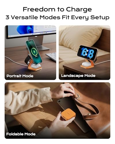 Image of KU XIU Qi2.2 25W Magnetic Wireless Charger, Foldable 3 in 1 Travel Charging Station for iPhone 17 /16 /15 /14 /13 /12, 5W for Apple Watch & AirPods, Aluminum Alloy Design, 45W GaN Adapter Included, Orange