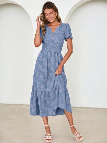 Image of Simplee Womens Summer Boho Maxi Dress Semi Formal Wedding Guest Short Sleeve V Neck Empire Waist Floral Long Dresses