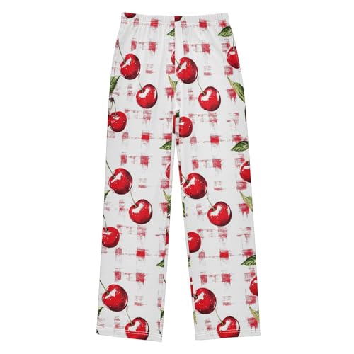 Pajama Bottoms, Cherries Plaid Pajamas Pant Sleep Long Pants Lounge Wear Elastic Waist Sleepwear Pjs