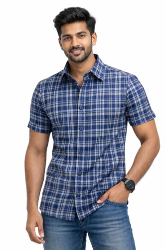 Image of Xuber Men's Blue Checked Cotton Blend Casual Shirt | Half Sleeve | Regular Fit | Stylish Plaid Design