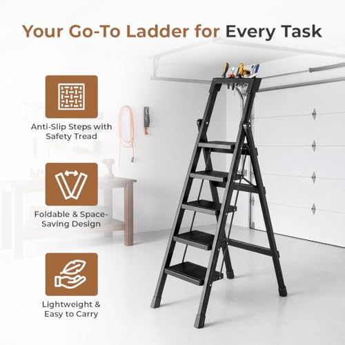 Image of HomeEssentials Foldable Ladder for Home | Heavy-Duty Steel with Large Platform | Wide Non-Slip Rubber Feet | Secure Lock Mechanism (5 Step)