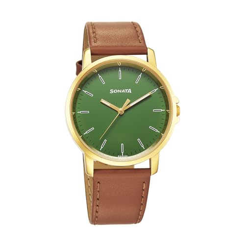 Sonata Traditional Essentials Quartz Analog Green Dial Leather Strap Watch for Men-77083YL04 (B0CY546Y2W) Amazon Price History, Amazon Price Tracker