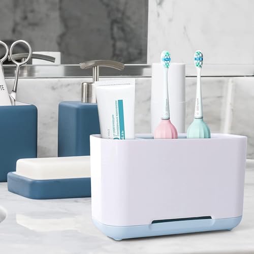 Image of STEFFAN Toothbrush Holder for Bathroom Wall Mounted Multipurpose Brush Holder, Durable Bathroom Organizer for Toothbrush Toothpaste & Accessories, Sturdy Bathroom Holder White & Blue
