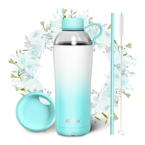 Allcho Insulated Water Bottle for Women, 18 oz Stainless Steel Water Bottles, Double Walled, 2 Lids (Chug & Tumbler) - Hydrate & Caffeinate, Available Gift Wrapping