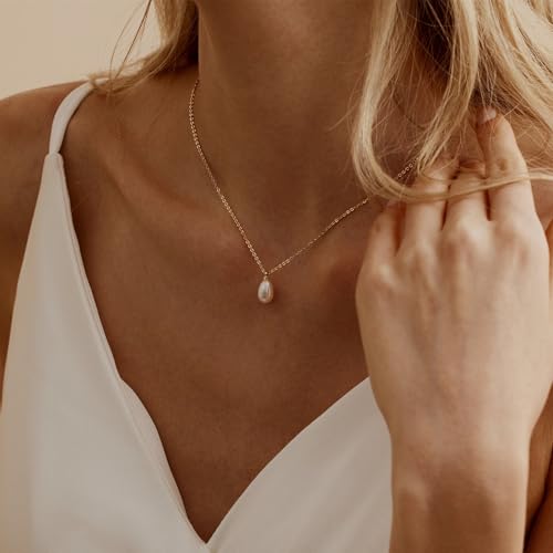 Pearl Necklace for Women Trendy,14k Gold Plated Necklace Dainty Wedding Necklace Small Cute Choker Necklace Beaded Lariat Drop Necklace Vintage Waterproof Jewelry for Women Gold Jewelry Fashion Gifts2