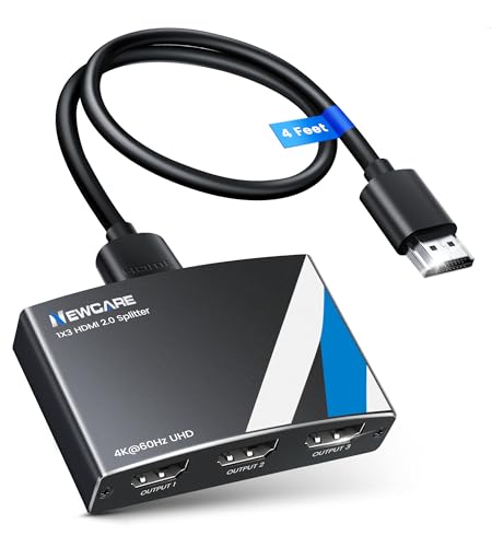 NEWCARE HDMI Splitter 1 in 3 Out, 4K@60Hz HDMI 2.0 Splitter w/ 4ft HDMI Cable, Auto Downscaler, Mirror Display to 3 Monitors(Not for Extended Display), Support Dobly Vision& Atmos, HDCP 2.2, 18.5Gbps