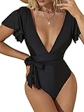 Dixperfect Womens Ruffle Bathing Suit-Deep V Neck Sexy One Piece Swimsuit Low Back Strappy Swimwear
