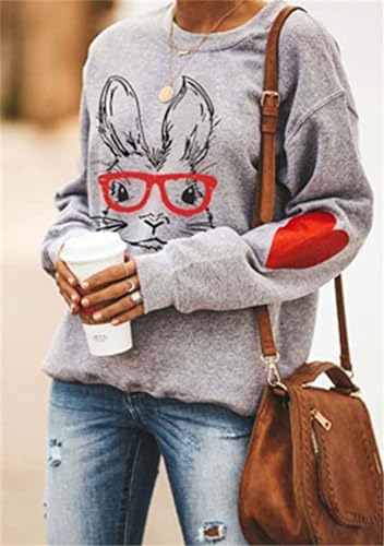 Image of Women's Easter Basic Sweatshirt Crew Neck Long Sleeve Sweatshirt Casual Loose Sweatshirt with Rabbit Print