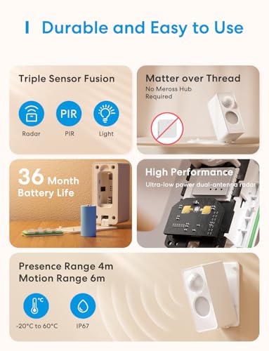 Image of meross Matter Presence Sensor MS605, Battery-Powered 4-in-1 Smart Motion Sensor with AI Learning, IP67 PIR & Light & mmWave Radar, Matter Over Thread, Supports Home Assistant, HomeKit, Alexa (1 Pack)
