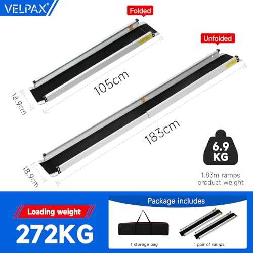 2PCS Teleskop Rollstuhlrampe 105-183CM, Aluminium Auffahrrampe bis 272 kg,für Zuhause, Stufen, Bordsteine, Robuste Teleskop Auffahrrampe für Elektro-Rollstühle, Fahrräder in der Textiltasche