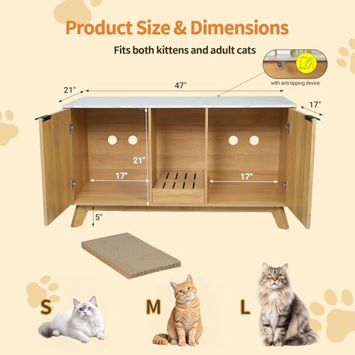 Image of Double Cat Litter Box Enclosure for 2 Cats,Fluted Hidden Litter Box Furniture with Litter Collector & Scratch Pad,47 inch Large Enclosed Cat Cabinet,Cat House,for Living Room,Natural with Marble Top