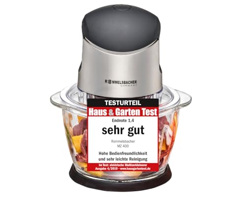 ROMMELSBACHER Multi Zerkleinerer MZ 400 – kraftvoller Motor, 4-flügeliges Spezialmesser aus Edelstahl, 1 Liter Glasbehälter, schwarz/Chrom gebürstet, 400 Watt