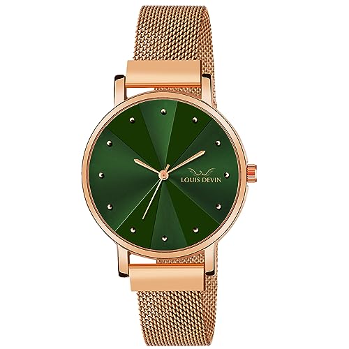 Image of LOUIS DEVIN Rose Gold Plated Mesh Chain Analog Wrist Watch for Women (Blue /Green /Brown /Black Dial) | LD-RG173